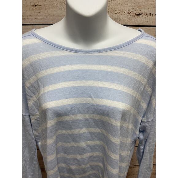 Athleta Womens Linen Shirt Size Large Blue Striped Blouse Casual Top Long Sleeve - Picture 6 of 13